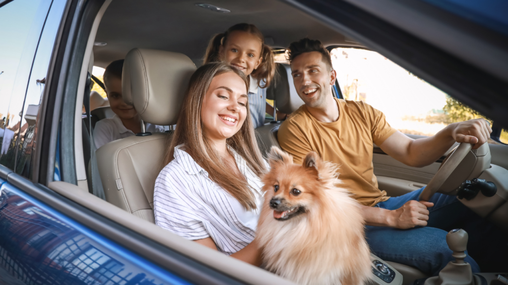 Happy Family with Dog Travelling by Car