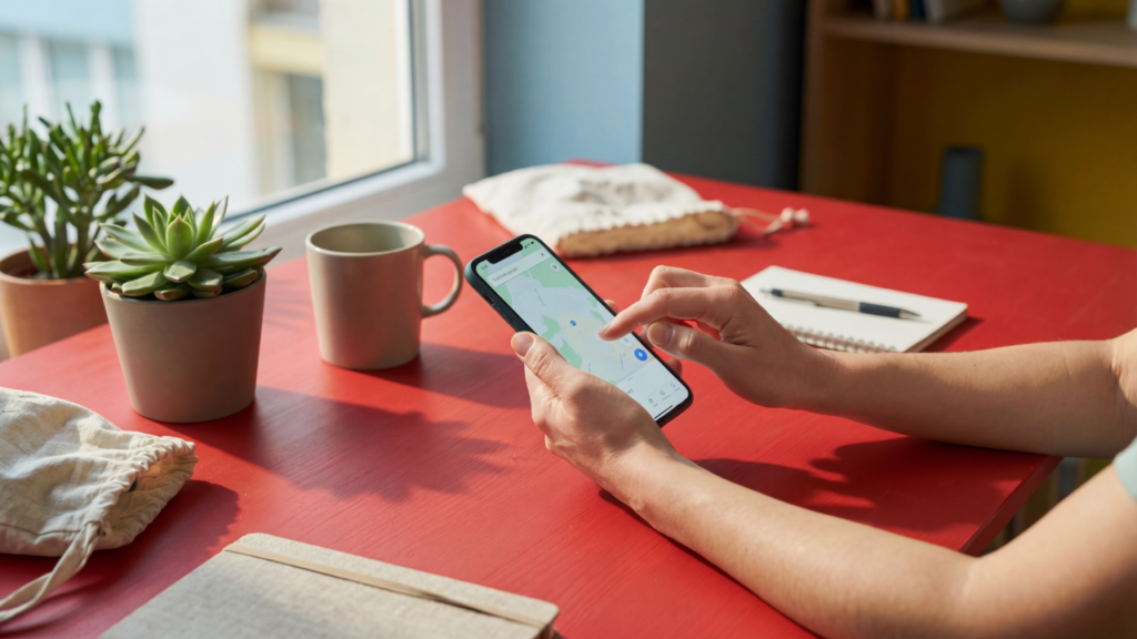 Person Using Map App on Phone Indoors

