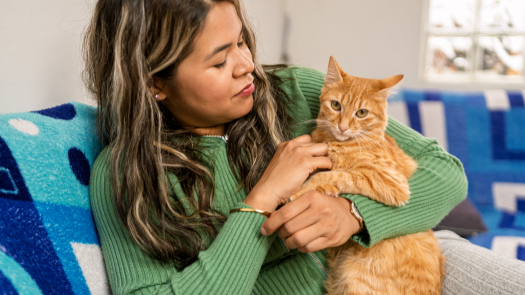 Woman petting ginger cat embracing pet companionship